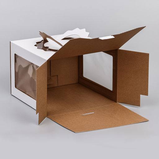 Цена за 5 шт. Коробка под торт 3 окна, с ручками, белая, 28×28×20 см