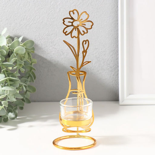 Подсвечник на 1 свечу металл, стекло Цветок в вазе, золото, d=4.5 см, 7.4?7.5?21 см