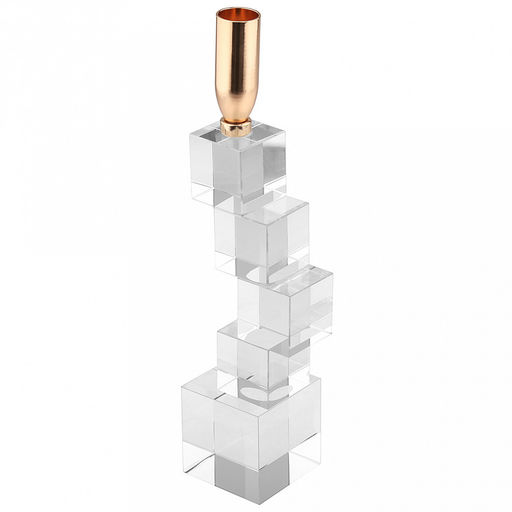 Подсвечник стеклянный "Кубизм" h28,5см, чаша металл д2,4см, h2см, отвинчивающаяся, основание 5,8х5,8см, прозрачный/золотой, в коробке (Китай)