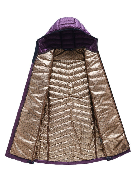 Куртка женская удлинённая стёганая с капюшоном и графеновой подкладкой темно-фиолетового цвета 9628_1TF