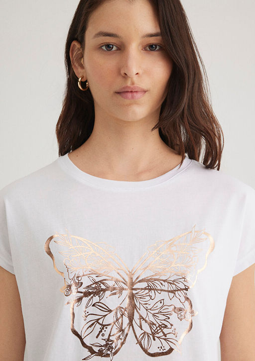 Kelebek Bask?l? Beyaz Tisort - Mavi фото 5