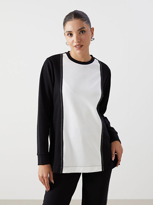 Bisiklet Yaka Renk Bloklu Kad?n Sweatshirt Tunik