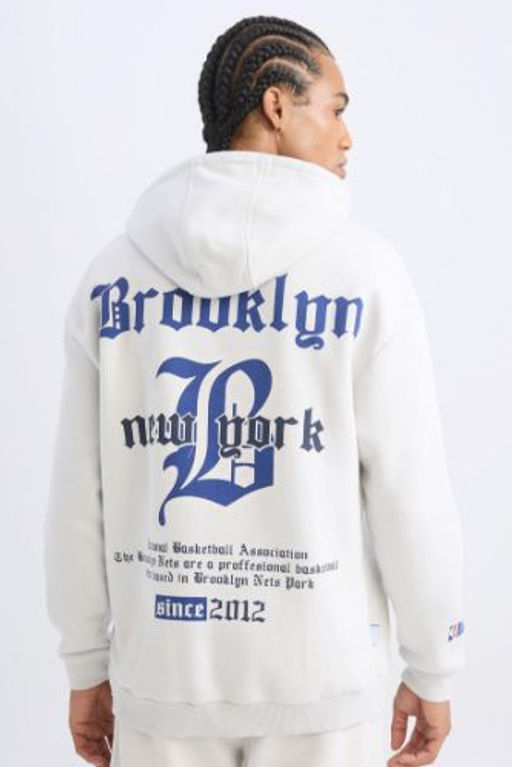 DeFactoFit NBA Brooklyn Nets Comfort Fit Rahat Kal?p Kapusonlu Kal?n S?rt Bask?l? Sweatshirt