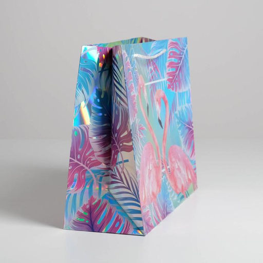 Пакет подарочный голографический, упаковка, Фламинго, 32?26?12 см