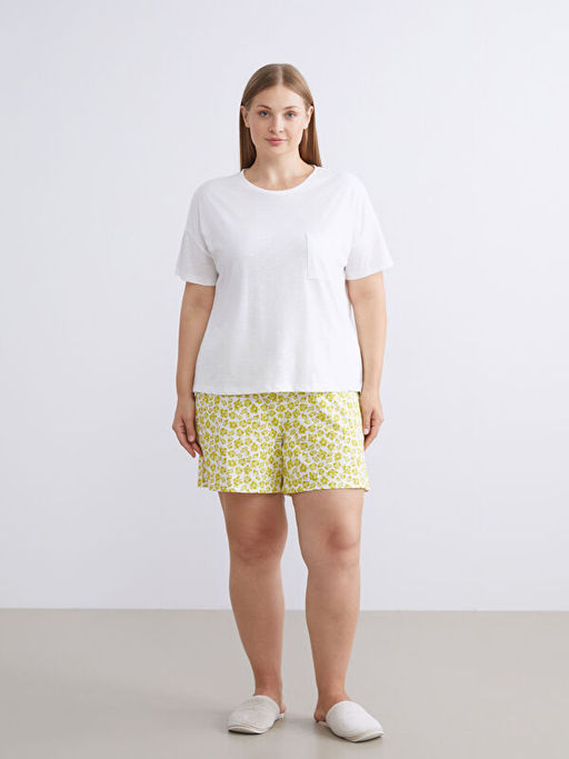 Bisiklet Yaka ?i?ekli Kad?n ?ortlu Pijama Tak?m?