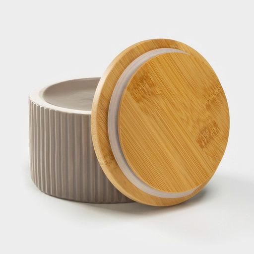 Банка для сыпучих «Дымка», 570 мл, 12×7.5 см, с бамбуковой крышкой, керамика, бежевая