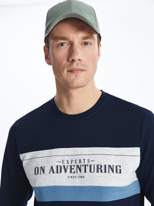 Bisiklet Yaka Uzun Kollu Bask?l? Erkek Sweatshirt
