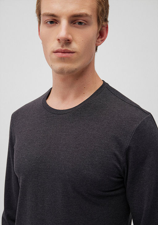 Uzun Kollu Gri Basic Tisort - Mavi фото 5