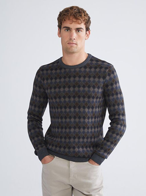 Bisiklet Yaka Uzun Kollu Desenli Erkek Triko Kazak