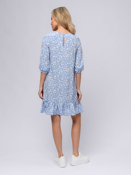 Платье голубое с принтом длины мини с воланом по подолу - 1001dress фото 3