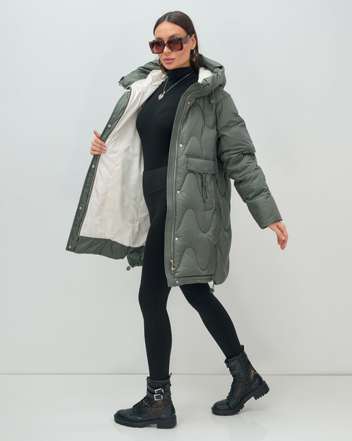 Куртка зимняя женская с капюшоном модная цвета хаки 7653Kh - Visdeer фото 18