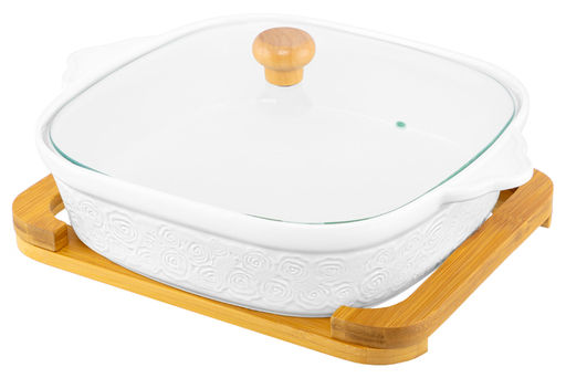 Блюдо д/зап и серв 31,5*25,6*12,5 см 2 л "Розы" + стекл крышка на дер подставке