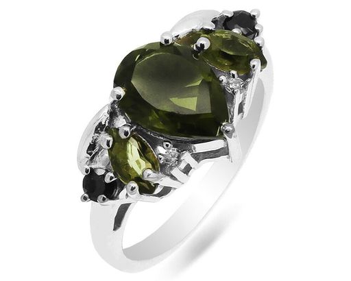 Кольцо из серебра оливковая шпинель, синт.сапфир, Алия