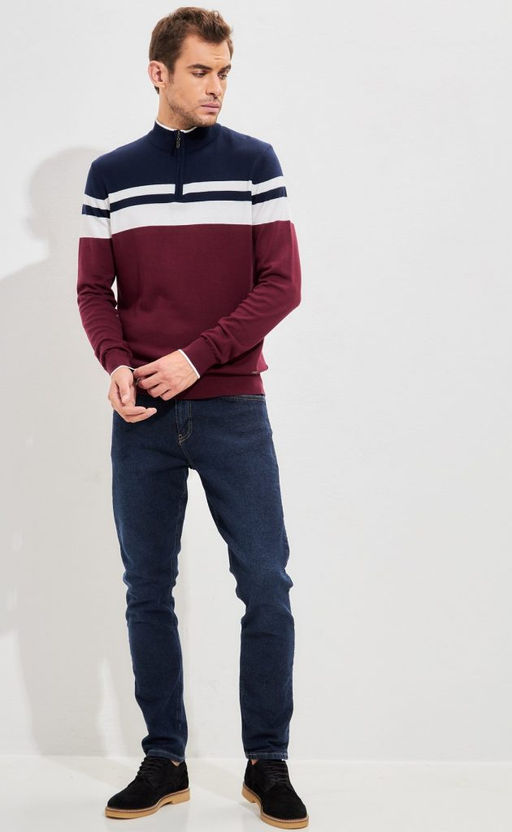 Джемпер мужской в полоску с воротником-стойкой на молнии F221-15-831 сине-бордовый - Fine joyce фото 10