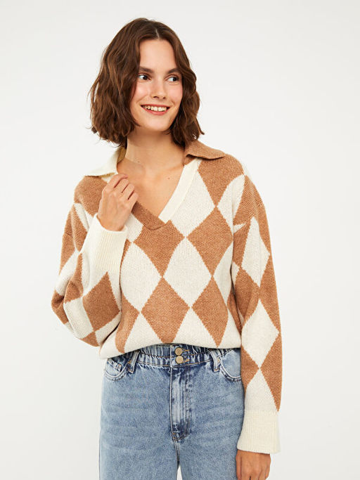 Polo Yaka Baklava Desenli Kad?n Triko Kazak