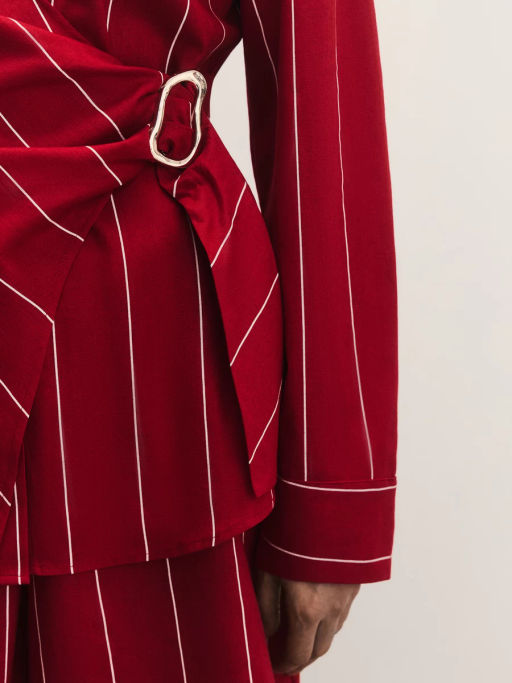 Льняная рубашка в полоску с декоративной пряжкой / Zarina  фото 8