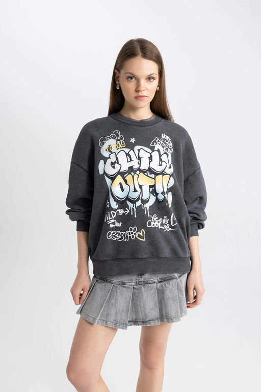 Моющийся свитшот с круглым вырезом и принтом Cool Oversize с эффектом выцветания - Defacto фото 5