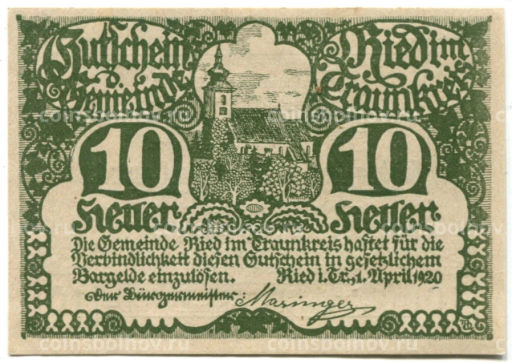 10 геллеров 1920 года Австрия Рид-им-Траункрайс (нотгельд)