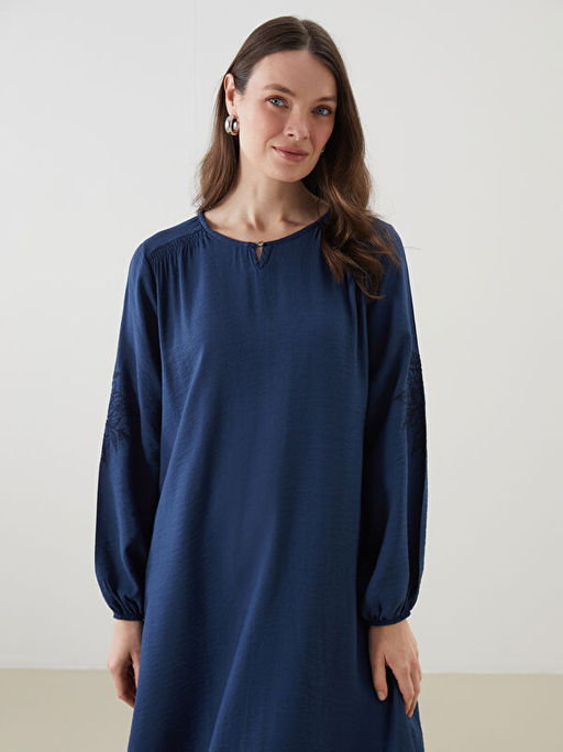 Bisiklet Yaka Nak??l? Keten G?r?n?ml? Elbise