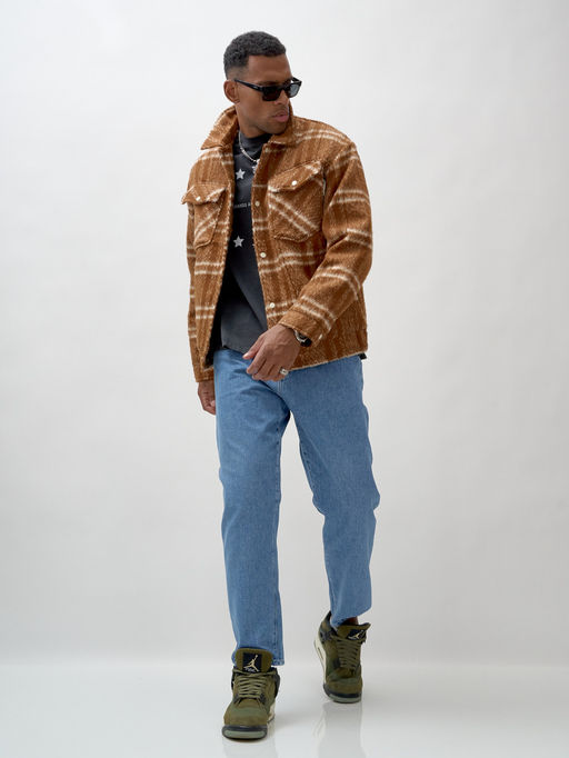 Куртка рубашка шерстяная в клетку мужская демисезонная горчичного цвета 58596G