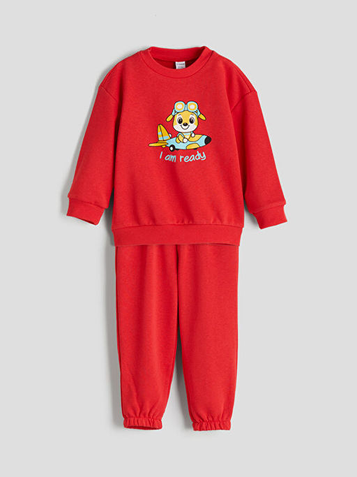 Bisiklet Yaka Bask?l? Erkek ?ocuk Sweatshirt ve E?ofman Alt 2li