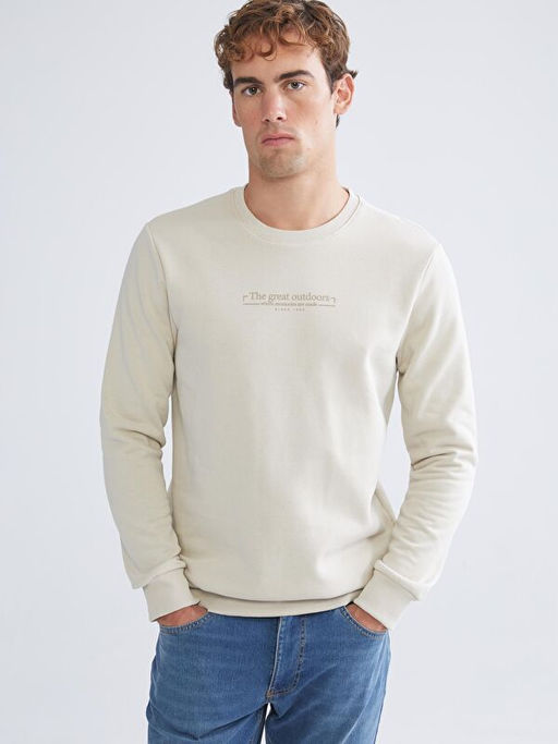 Bisiklet Yaka Bask?l? Erkek Kal?n Sweatshirt