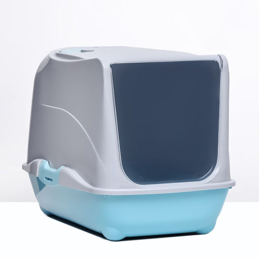 Туалет-домик для кошек закрытый с дверцей 43×32×33 см, бирюзово-серый