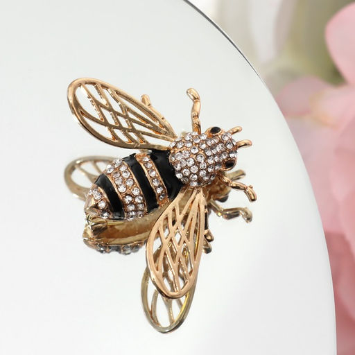 Брошь «Шмель», чёрная, белый в золоте
