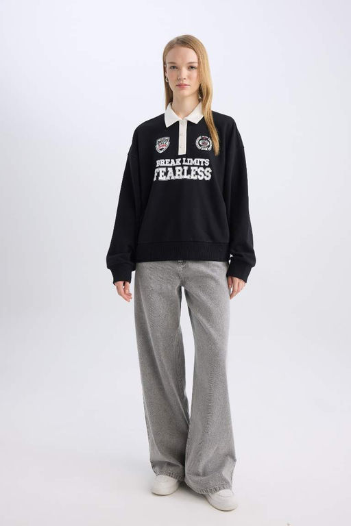 Женская черная классная толстовка большого размера с широким кроем и воротником-поло с застежкой на пуговицы и принтом - Defacto фото 5