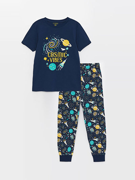 Bisiklet Yaka Bask?l? K?sa Kollu Erkek ?ocuk Pijama Tak?m?