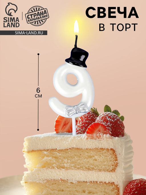 Цена за 3 шт. Свеча для торта «Джентельмен», цифра 9, белая