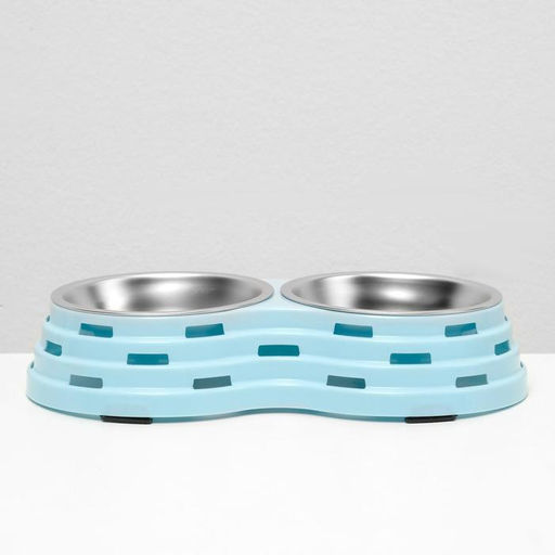 Миска металлическая двойная на пластиковом основании 2 х 160 мл, 25 х 14 х 5 см, голубая - Пижон фото 4