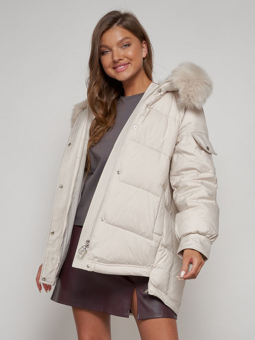 Куртка зимняя женская модная с мехом бежевого цвета 13301B - Visdeer фото 21