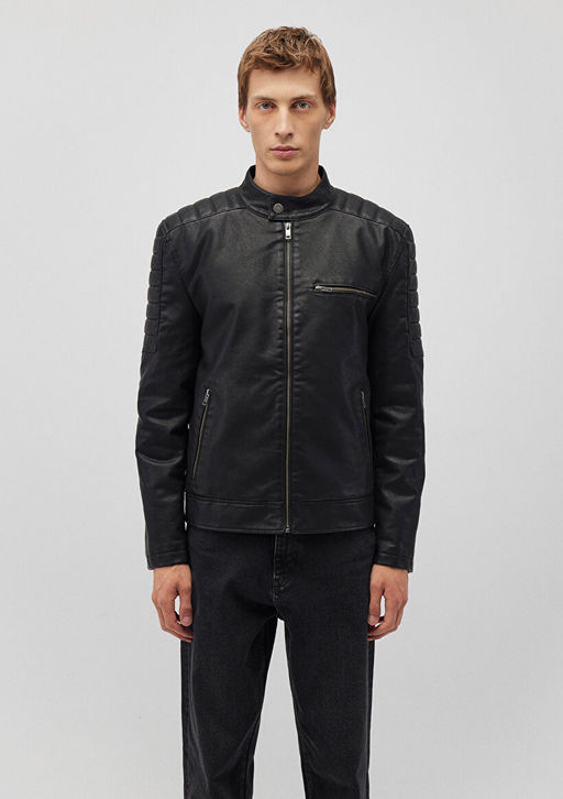 Siyah Suni Deri Ceket - Mavi фото 3