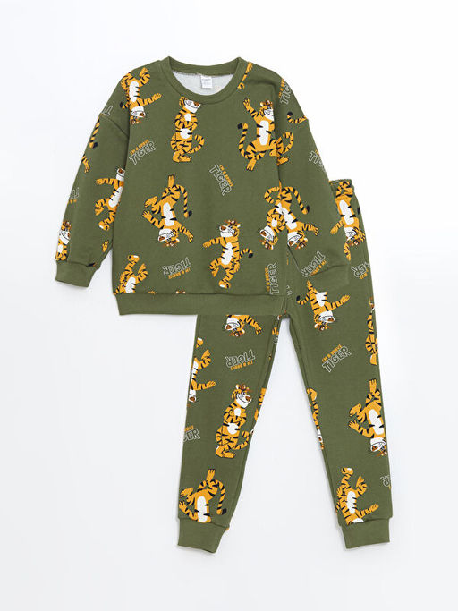 Bisiklet Yaka Bask?l? Erkek ?ocuk Sweatshirt ve E?ofman Alt 2li