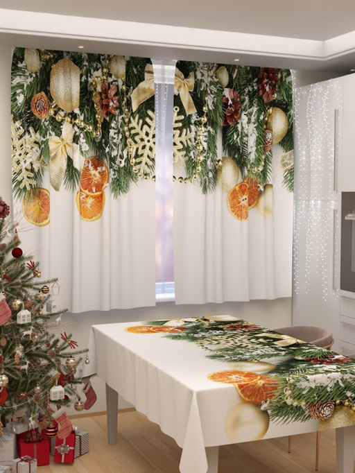 Фотошторы для кухни Новогодняя коллекция 235 Шторы (Габардин)+Скатерть (145*200)