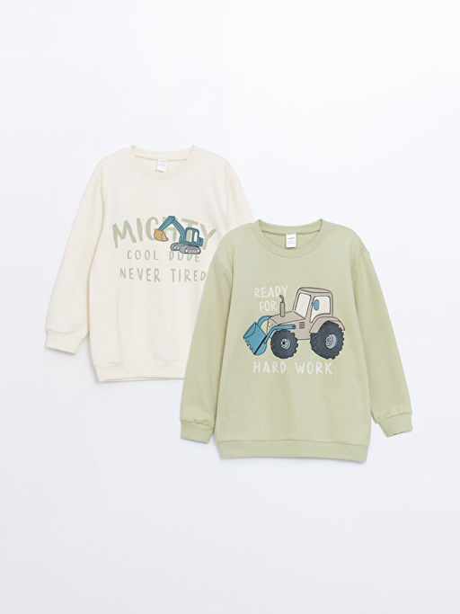 Bisiklet Yaka Uzun Kollu Bask?l? Erkek Bebek Sweatshirt 2li