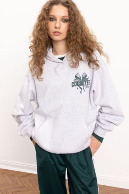 Coool Oversize Genis Kal?p Kapusonlu Bask?l? Kal?n Sweatshirt