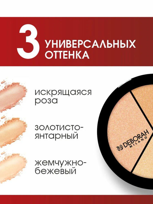 DEBORAH Палетка хайлайтеров для лица TRIO HIGHLIGHTER PALETTE тон: Жемчужно-бежевый; Золотисто-янтарный; Искрящаяся роза, 5г  фото 3