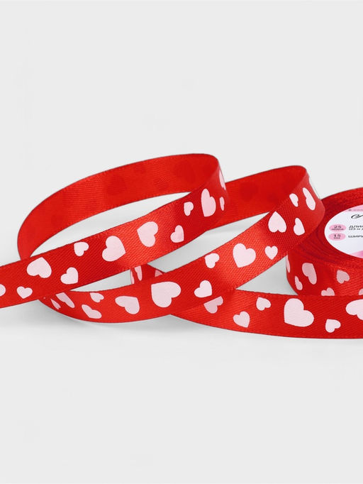 Лента атласная «Сердца», 15 мм, 23±1 м, красная