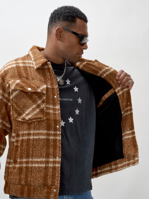 Куртка рубашка шерстяная в клетку мужская демисезонная горчичного цвета 58596G