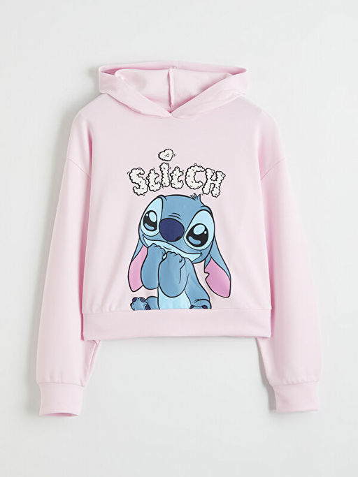 Kap??onlu Stitch Bask?l? K?z ?ocuk Sweatshirt