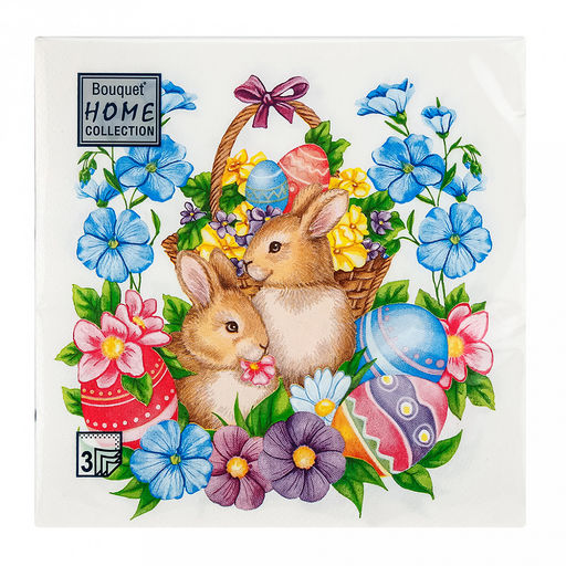 Салфетки бумажные "Bouquet Home Collection Classic" 33х33см, 3-х слойные, 20 штук в упаковке, 100% целлюлоза, "Пасхальные кролики" (Россия)