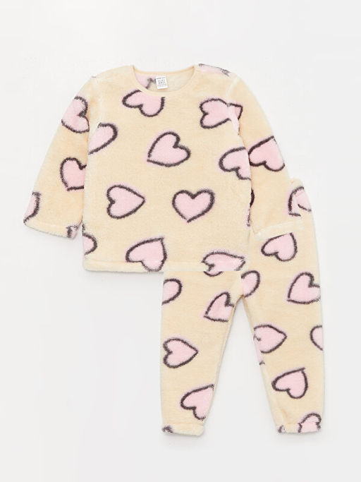 Bisiklet Yaka Uzun Kollu Desenli Pel?? K?z Bebek Pijama Tak?m?