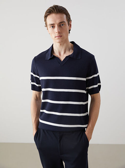 Polo Yaka K?sa Kollu ?izgili Erkek Triko Kazak