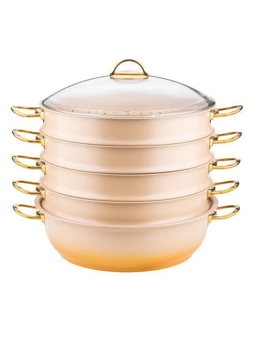 Мантоварка с крышкой стеклянной 34х10 см (8 л) с АПП, цвет: кремовый/золотой, арт. 4000-CRM/GD-34.