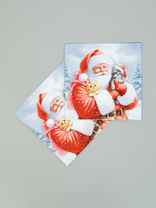 Цена за 2 шт. Салфетки новогодние бумажные Дед Мороз и котята, 3 слоя, 33?33 см, 20 шт.