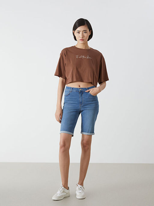 Bisiklet Yaka Bask?l? Kad?n Crop