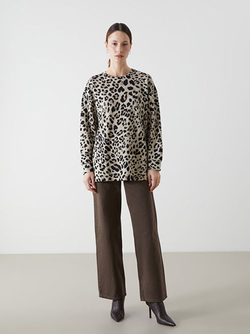 Bisiklet Yaka Leopar Desenli Oversize Kad?n Sweatshirt Tunik