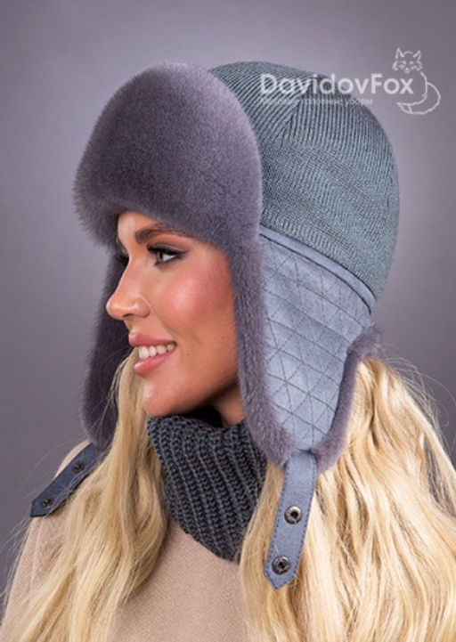 Ушанка норка трикотаж серо-голубой - Davidovfox фото 3